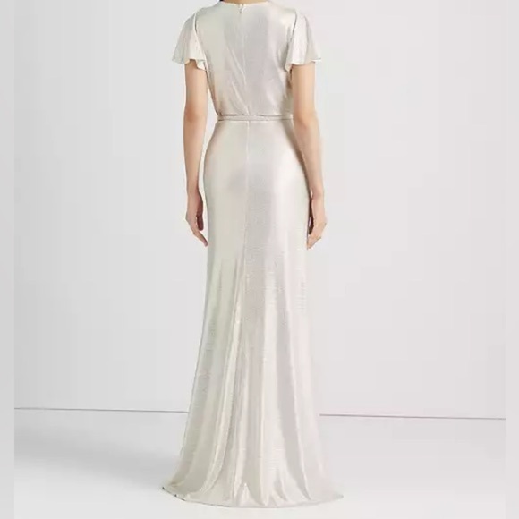 Lauren Ralph Lauren NWT Belted Metallic Knit Flutter Sleeve Gown Size 4 - Picture 3 of 12